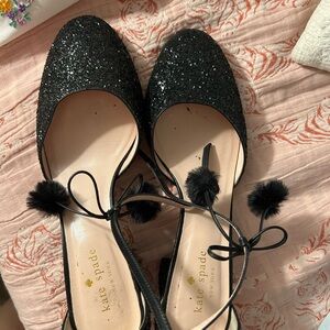 Kate Spade Black Glitter Flats with Pom Pom Detail